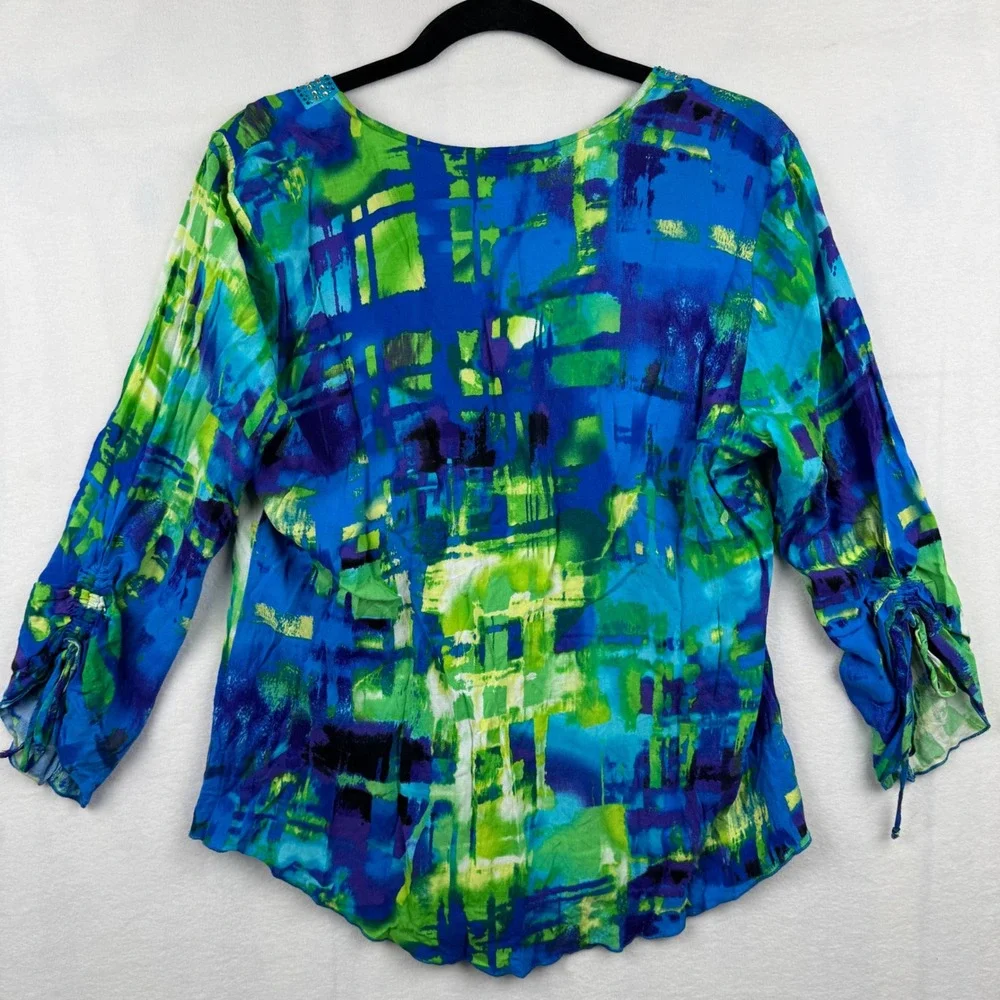 Joseph Ribkoff Blue‎ Green Print Embellished V-Neck 3/4 Sleeve Blouse Top 10